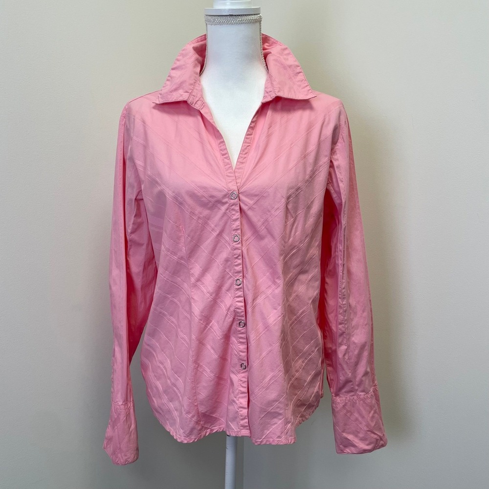 Y2K Quizz Again Pink Stretch Button Down Shirt Long Sleeve Snap Cuffs XL Womens